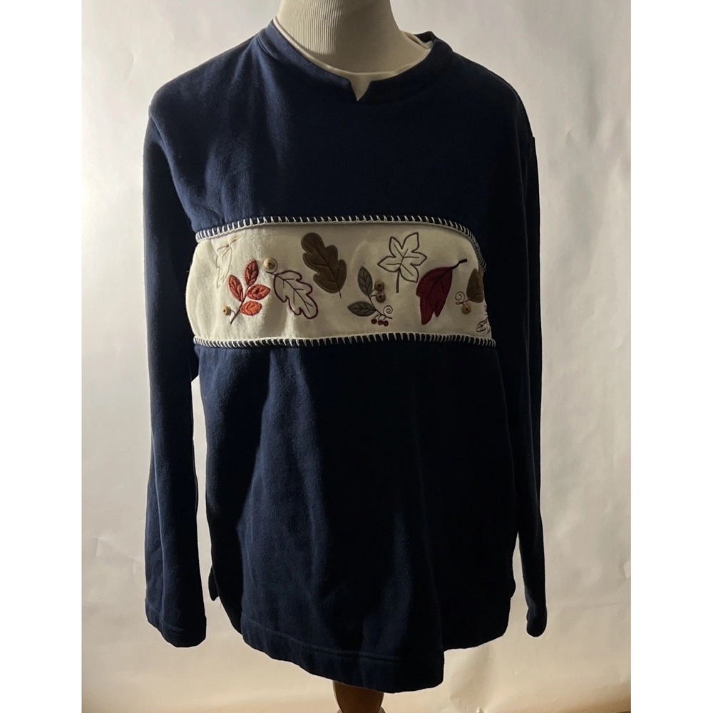Vtg Bobbie Brooks Embroidered Fall Leaf Navy Fleece Crewneck Sweatshirt Wmns XL